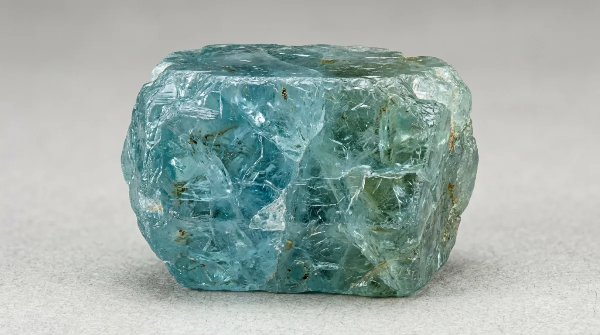 Pedra de água-marinha bruta com textura natural e tons azulados sobre fundo neutro.