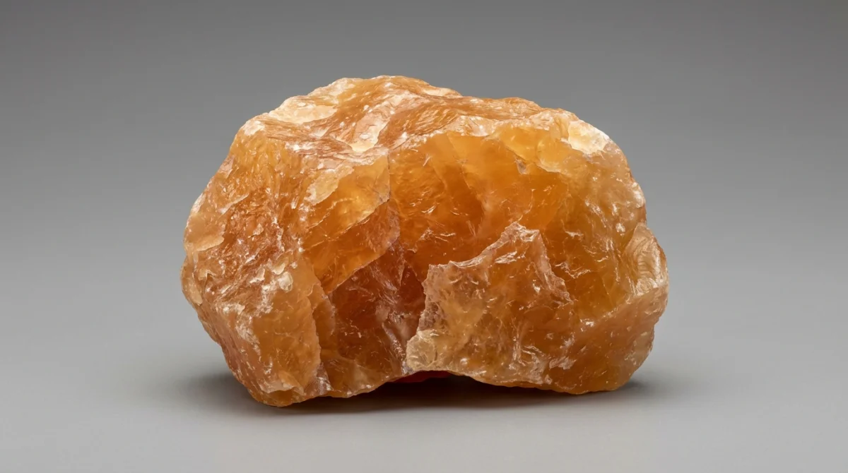 Pedra de calcita laranja bruta com textura rugosa e tonalidade âmbar vibrante sobre fundo cinza gradiente.