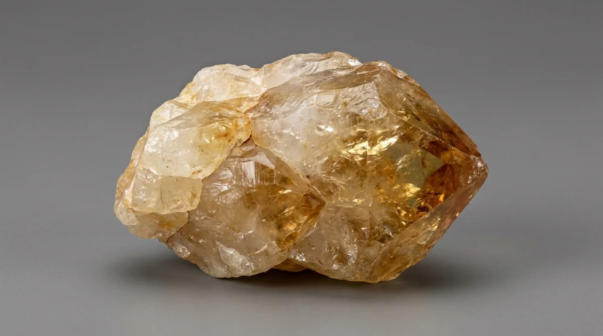 Pedra de citrino bruta com tonalidades amarelo-douradas e transparência cristalina sobre fundo cinza.