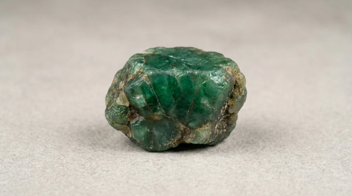 Pedra de esmeralda bruta com coloração verde profunda e textura mineral irregular sobre fundo neutro.