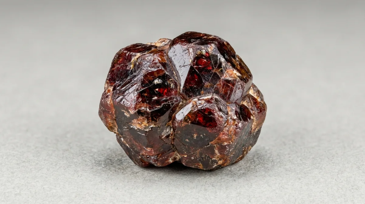 Aglomerado natural de cristais de granada vermelha profunda sobre fundo cinza texturizado.