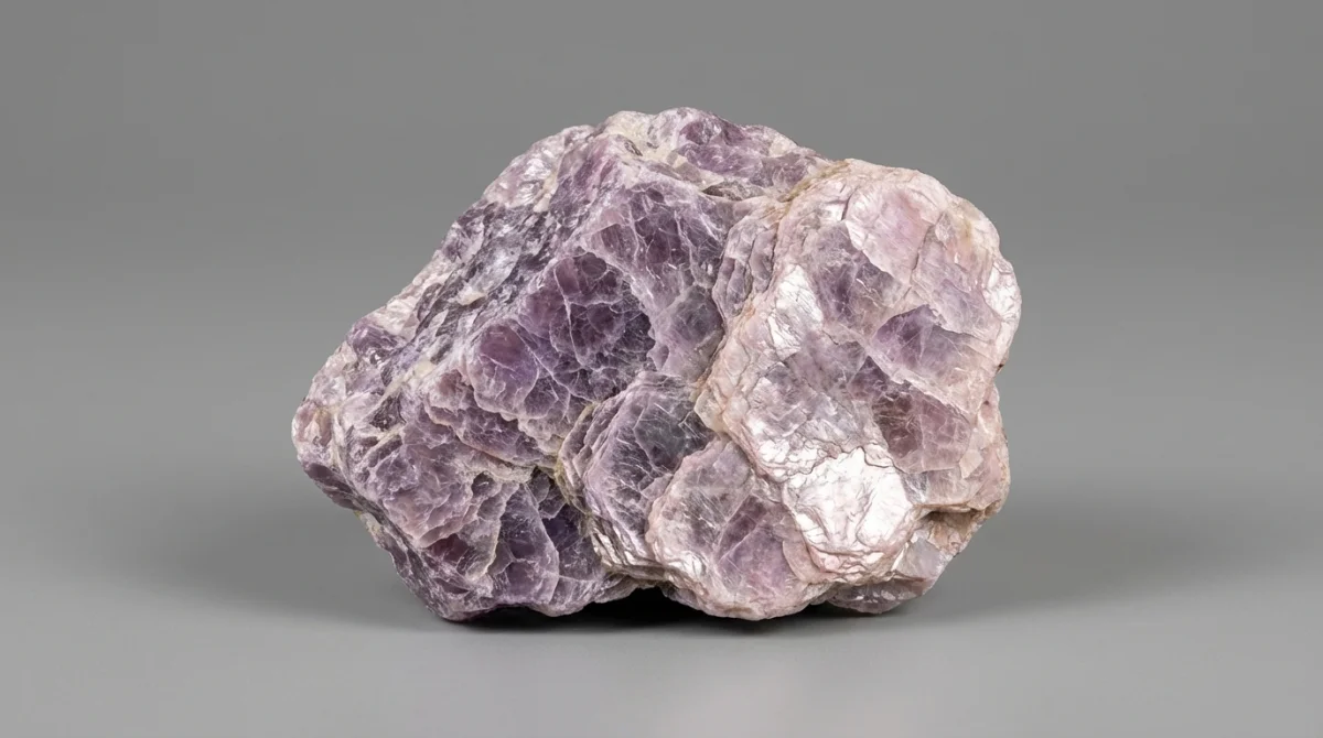 Pedra de lepidolita bruta com estrutura lamelar característica em tons de roxo e lilás sobre fundo cinza.