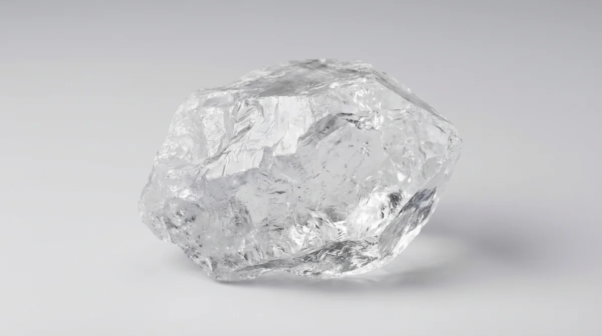 Pedra de quartzo hialino bruto com transparência cristalina e faces naturais sobre fundo cinza claro.