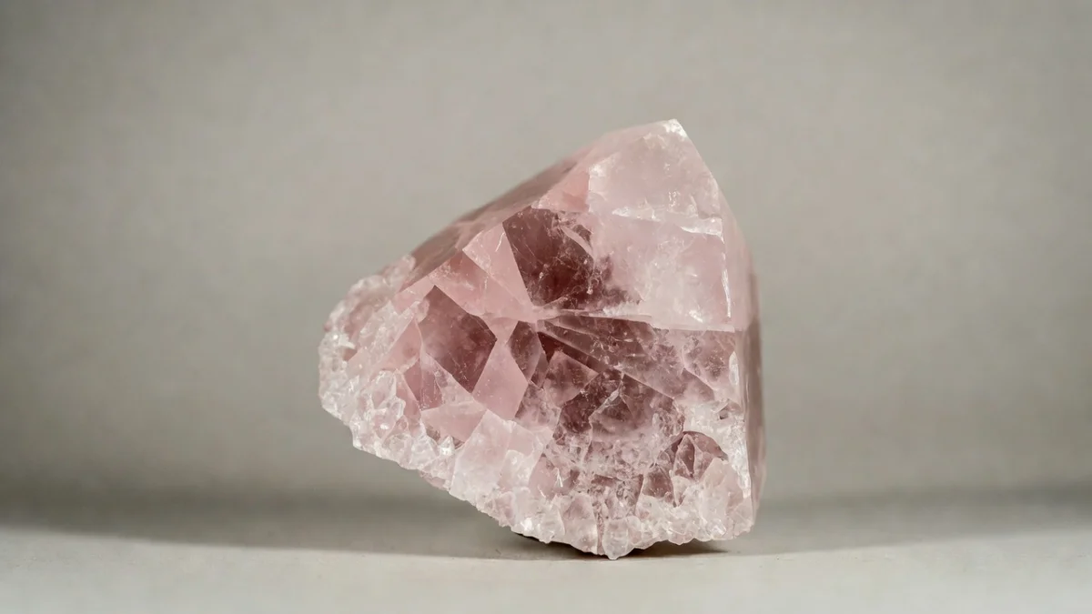 Pedra de quartzo rosa bruto com tonalidade suave e faces cristalinas visíveis sobre fundo neutro.