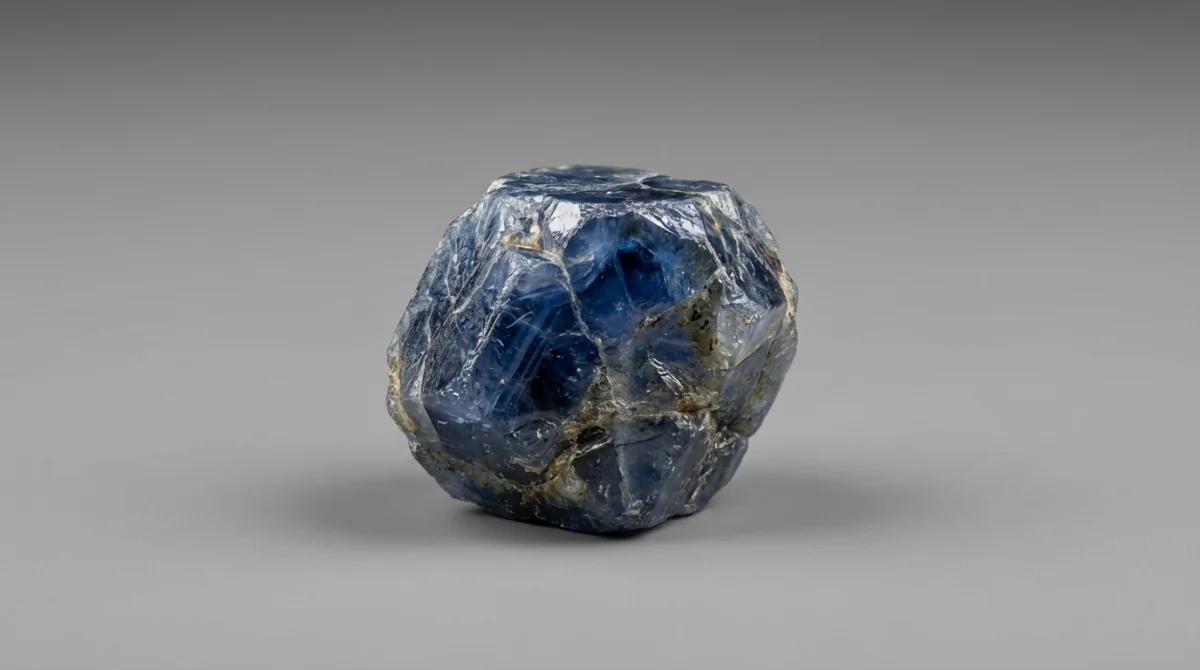 Pedra de safira bruta com estrutura cristalina irregular e intensa cor azul profundo sobre fundo cinza neutro.