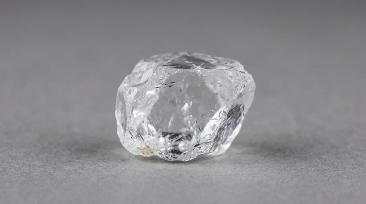 Cristal de topázio incolor bruto com transparência cristalina e faces naturais em fundo neutro.