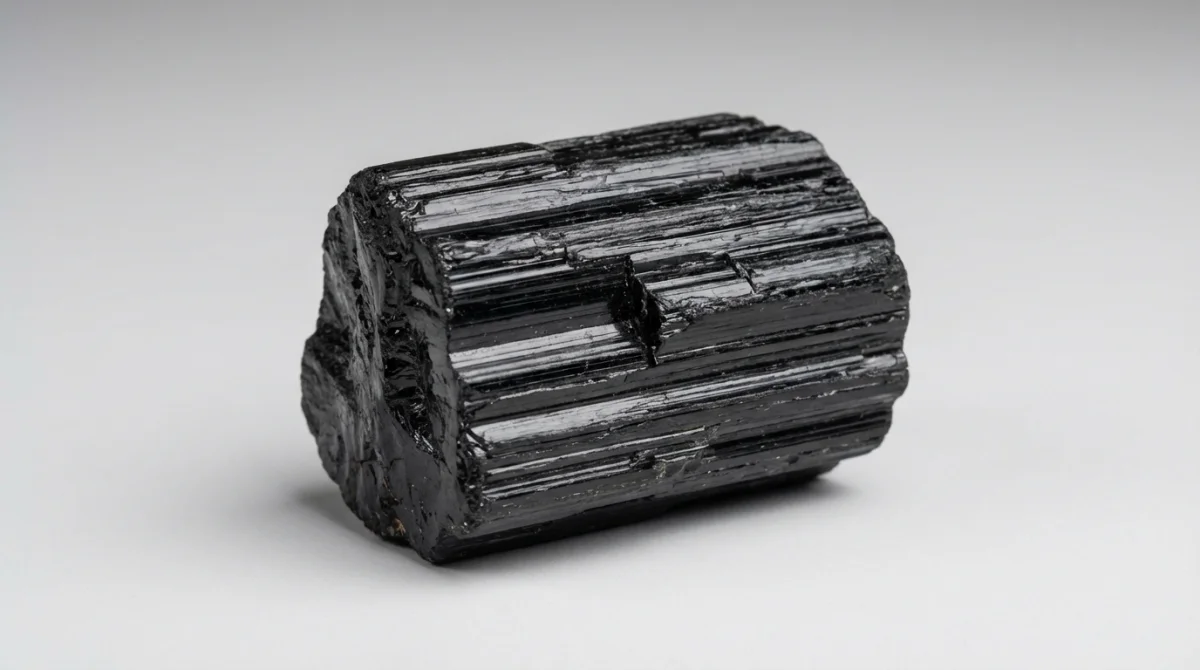Cristal de turmalina negra com estrias verticais e textura prismática em close detalhado.